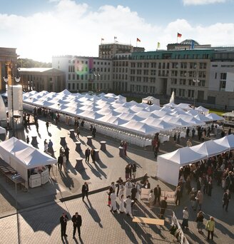 White folding gazebos 8x4 and 6x4 m at a large event with many people at Alexanderplatz in Berlin